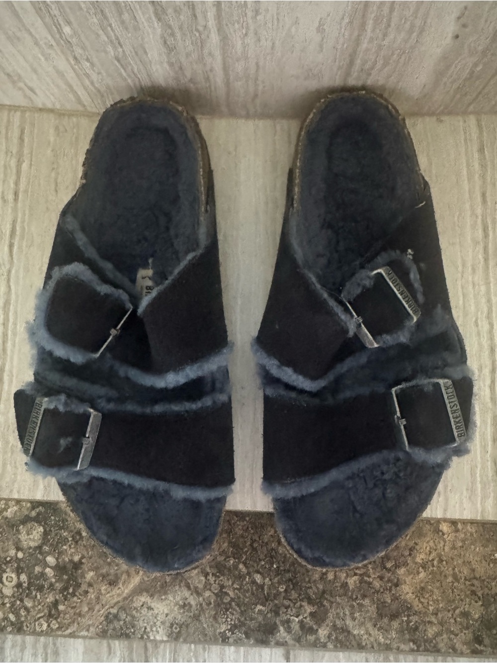 Birkenstocks Double-Buckle Shearling Slide Sandals - NavyBlue